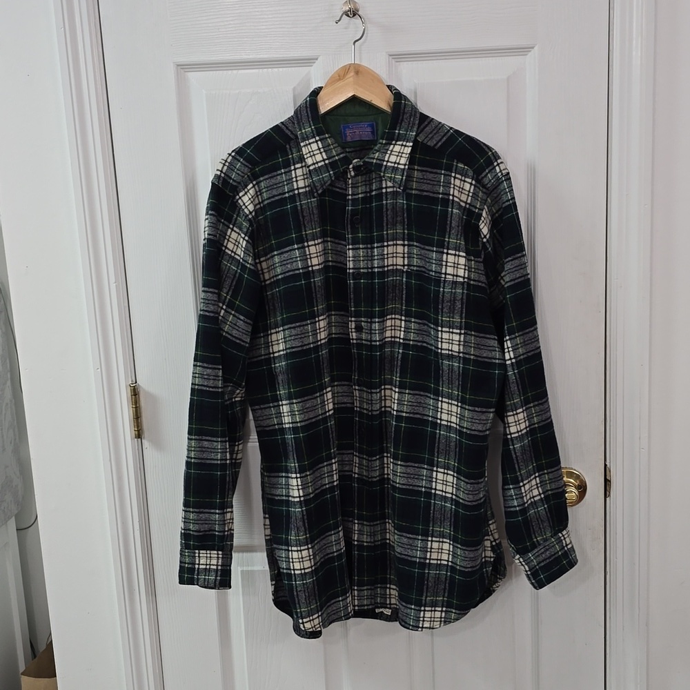 Vintage Pendleton Men's Wool Flannel Campbell Dress Tartan Shirt Green SZ Large